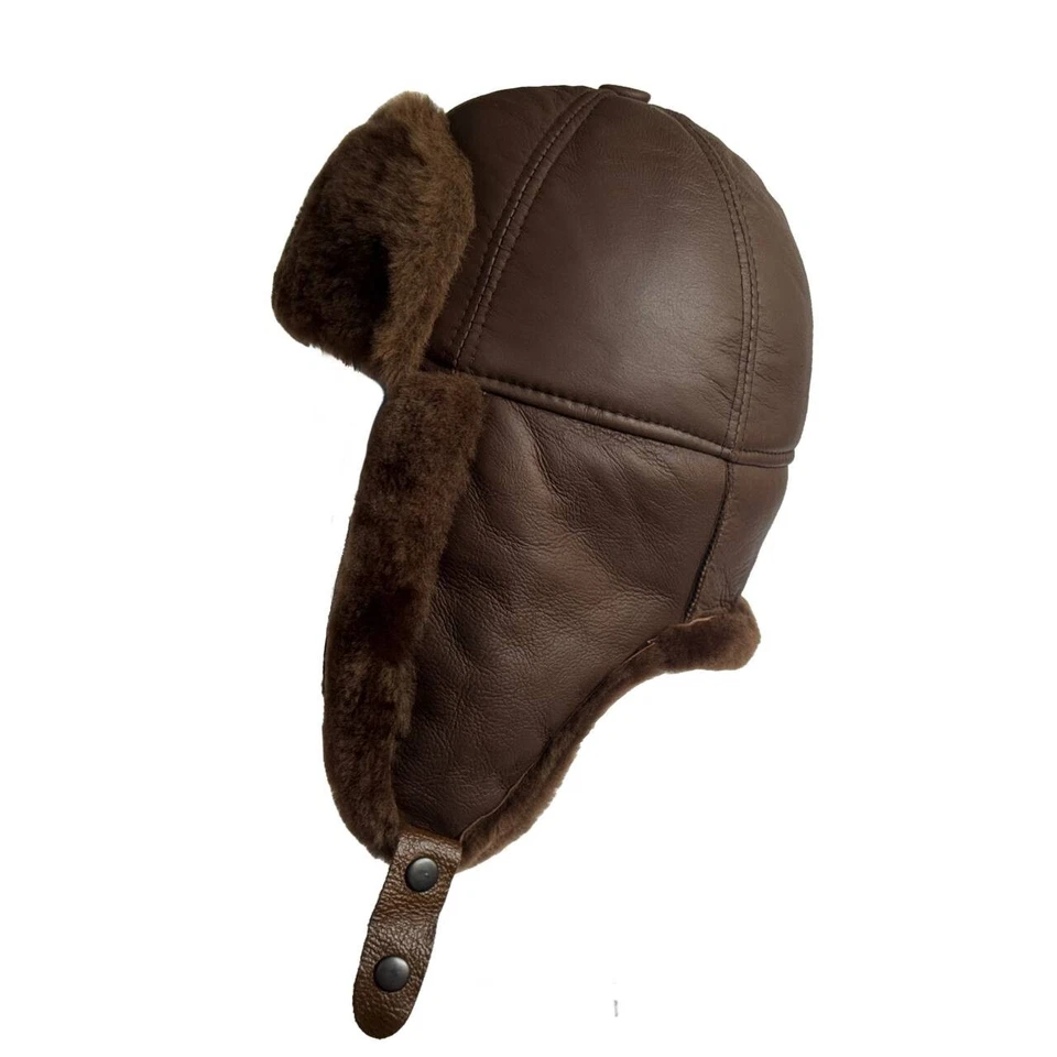 Hecho a mano piel de oveja cuero de oveja ruso Ushanka trampero sombrero de caza aviador Foto 4 de 4