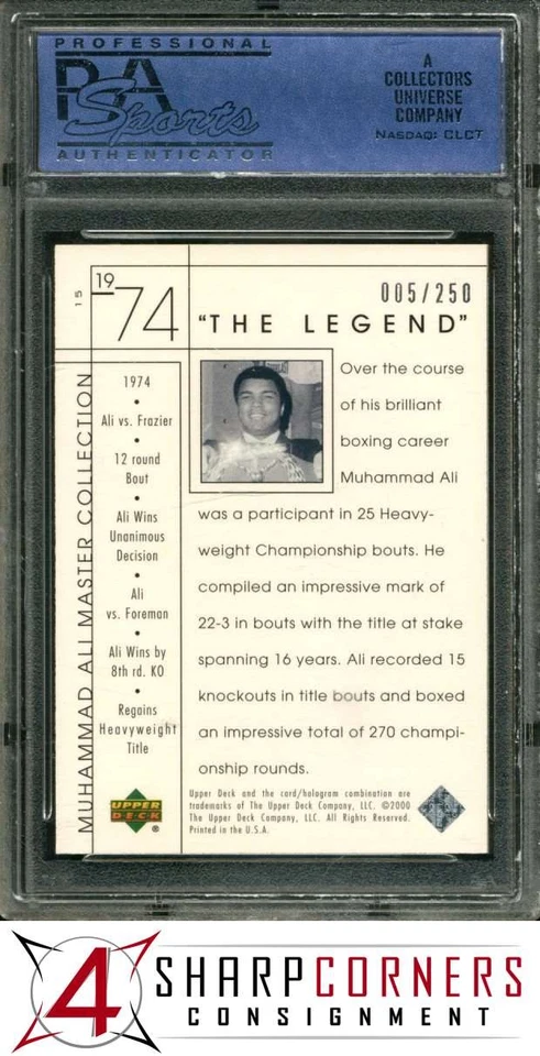 2000 UPPER DECK MASTER COLLECTION MUHAMMAD ALI #15 THE LEGEND HOF #/250 PSA 7 - Image 2 of 4