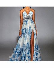 ALYCE Paris Blue White Floral Halter Maxi Dre...