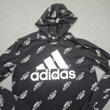 Adidas Hoodie Boys Large 14/16 Black Sweatshirt Long Sleeve Pullover AOP