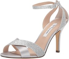 NINA Womens Glitter Satin Heel Sandals Silver 9 Medium B,M 
