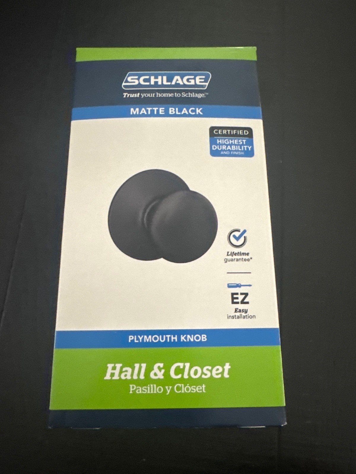 Schlage Passage Door Knob in Matte Black Hall/Closet, Plymouth F10 G PLY 622