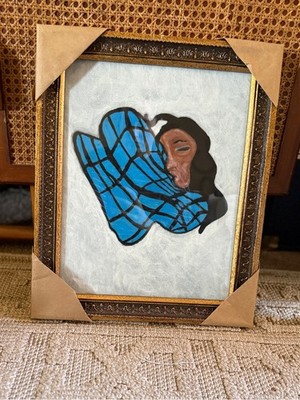 New Original Framed blue Abstract Art woman Portrait Blue 14x17  gold frame