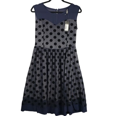 Oxiuli Size L Sweetheart Illusion Midi Dress Blue Black Polka Dot
