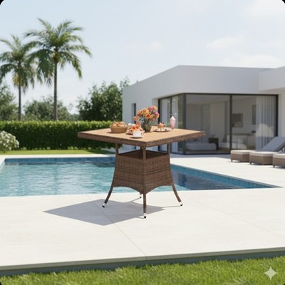 1-Piece All-Weather Brown Square Rattan Patio Dining Table with Acacia Wood