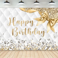 Gold and White Birthday Backdrop 7Wx5H Photography Happy 7Wx5H, B-Gold Silver
