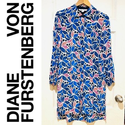 Diane Von Furstenberg Silk Button Down Shirt Dress Ocelot Blue Designer Size 8