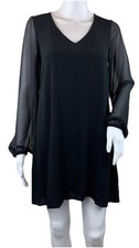 Express Long Sleeve Shift Dress Black V Neck Short Length Crepe Chiffon Size XS