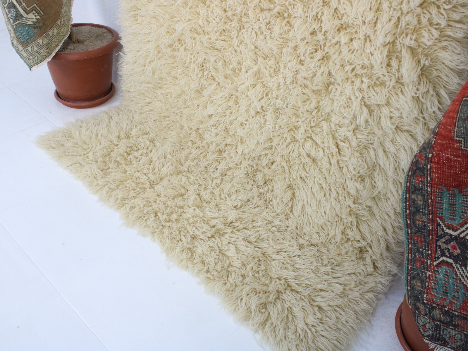 5x7 Turkish Handmade Shaggy Area Rug Beige Sheepskin 4.6x7.0 ft