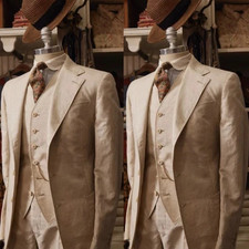 Khaki Linen Retro Men's Suits Formal Business Wedding Groom Tuxedo Three Pieces