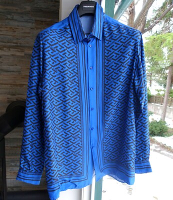 VERSACE SILK SHIRT 52 button up down donatella gianni l xl blue 3d greca