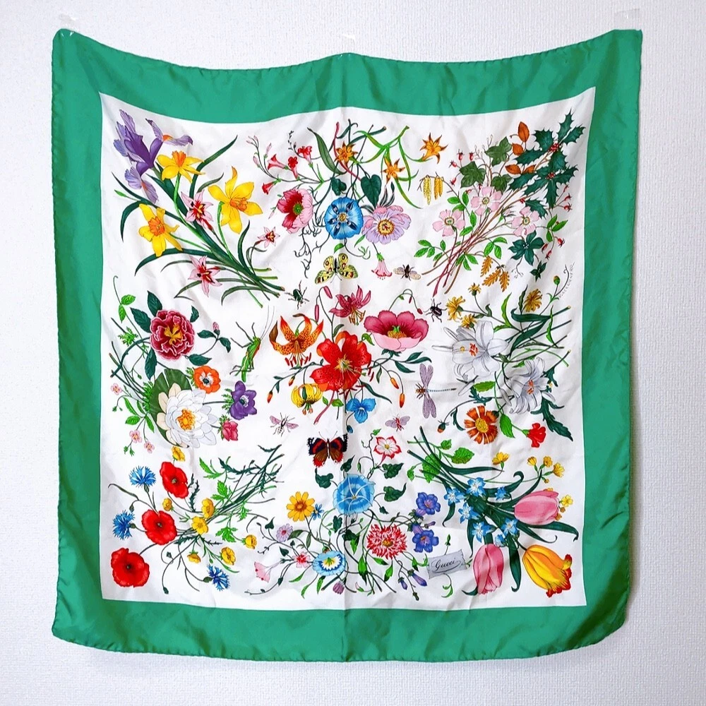 Grande étole écharpe GUCCI Flora 100% soie motif fleurs pois vert #6162P