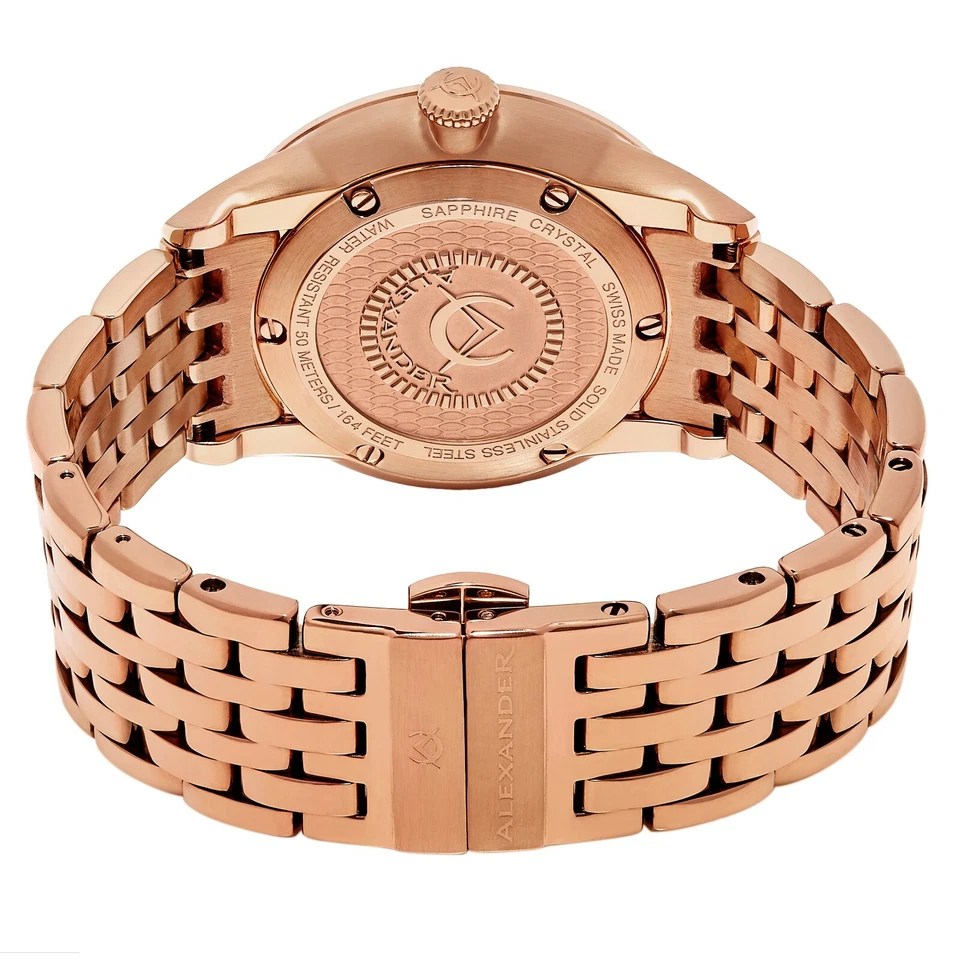 Reloj de cuarzo Alexander para hombre con pulsera de eslabones de acero inoxidable de oro rosa hecho en Suiza Foto 4 de 4