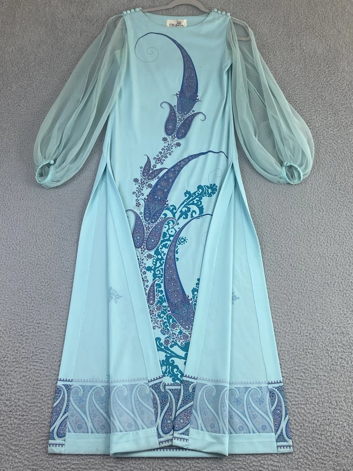 Vestido Alfred Shaheen Talla 6 Gasa Slv Doble Muslo Hasta el Muslo Paisley De Colección Años 70 Foto 3 de 4