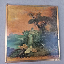 Ancien Tableau Scène Romantique Putti à la Fontaine Huile sur Panneau Dos Miroir