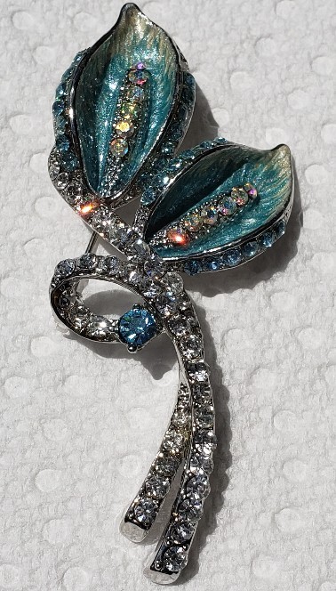 Lily Flower Pin Brooch Silver Tone with Blue & White Crystals 2.75