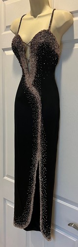 Vintage 80's Sexy Black Satin Plunging Neckline Rhinestone Beaded Evening Gown S - Picture 3 of 7