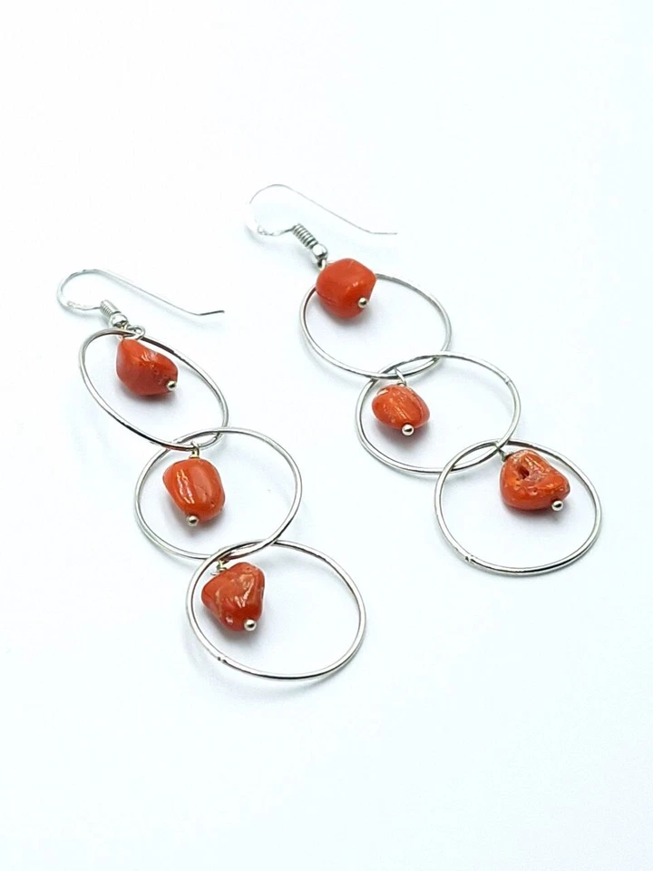 Orecchini pendenti con Vero corallo rosso Di Sardegna In Argento 925 Rodiato - Immagine 4 di 4