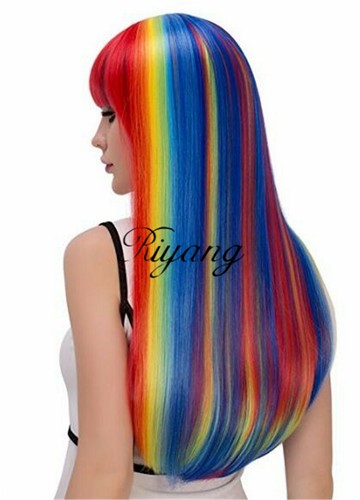 Multi-Color Straight Rainbow Costume Wig with Full Bang Long for Women Synthetic - Picture 3 of 11