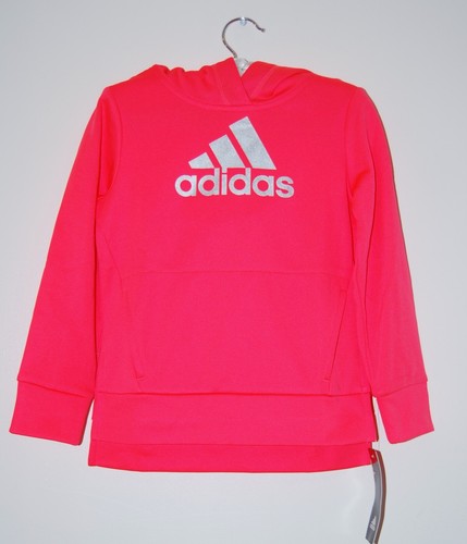 NWT Adidas Little Girls Neon Red Orange Hooded Logo Pullover Sweatshirt sz 4 5 - Picture 1 of 9