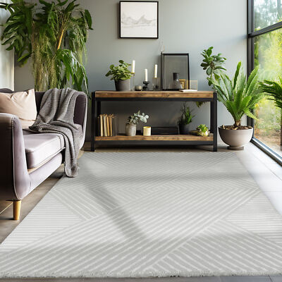 Kurzflor Teppich Wohnzimmer Schlafzimmer Boho Teppich Skandi Stil Weich Silber