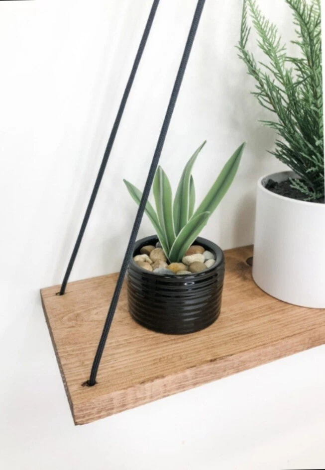 Solid Natural Wood Floating Shelves Rustic Wooden Hanging Rope Wall Shelf  - Image 2 of 4