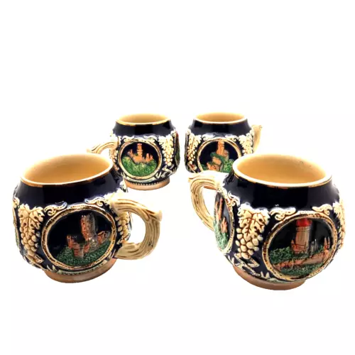 German Castle Mugs Original Marked Marzi Remi Cobalt Blue Set of 4 Vintage