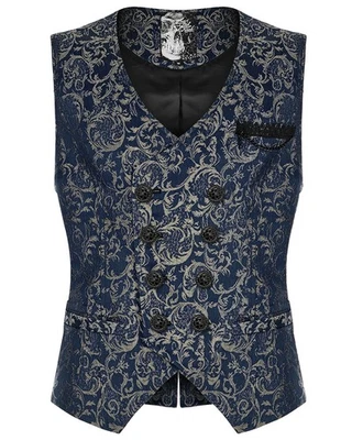 Punk Rave Hombre Oscuro Gótico Aristocrat con Cadena Chaleco - Azul Jacquard - Imagen 1 de 4