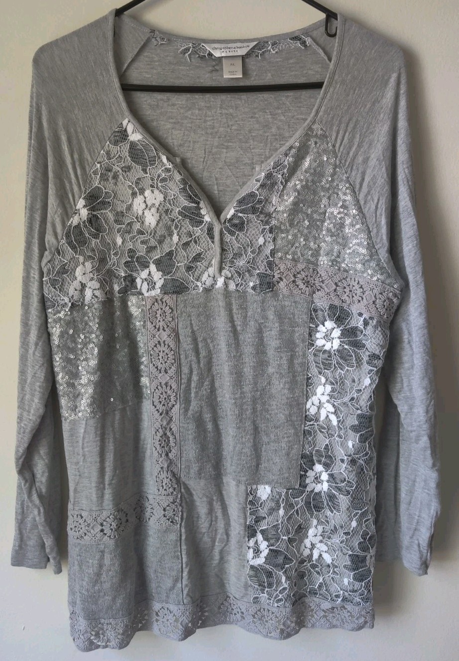 Christopher & Banks Women's Petite Gray Patches Long Sleeve Shirt V-Neck Size PL