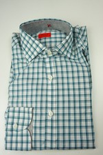 Isaia Napoli Teal Blue White Plaid Long Sleeve Cotton Dress Shirt 15.5/39 NEW