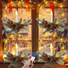 4 Set Christmas Wreath for Front Door with LED Candles 13'' Xmas Advent Windo...