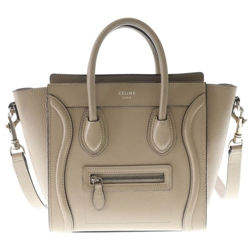 CELINE Luggage Nano 2 Way Bag Handbag Shoulder Tote Beige Leather Silver Used 47