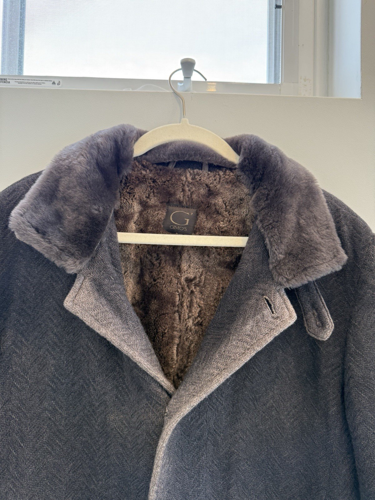 GIMO'S Men’s Brown Herringbone Wool Overcoat Faux Fur Lined Mid-Length M - second product detail image