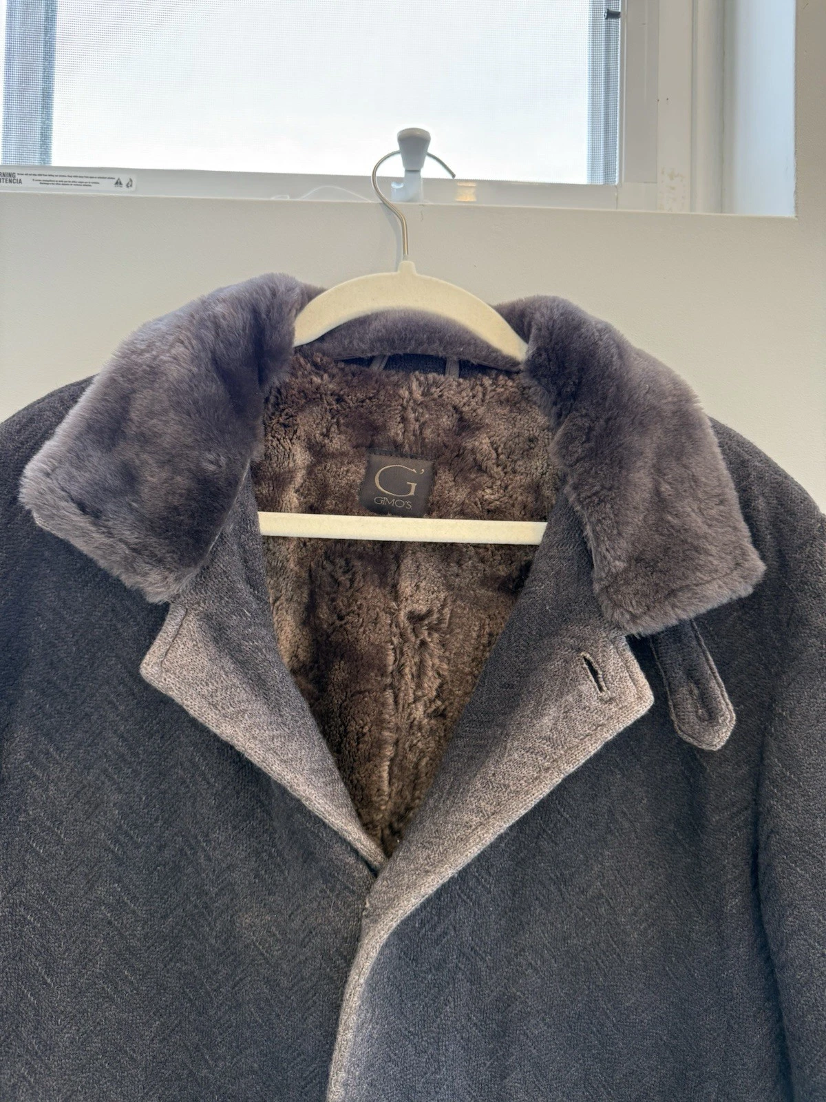 GIMO'S Men’s Brown Herringbone Wool Overcoat Faux Fur Lined Mid-Length M image 2