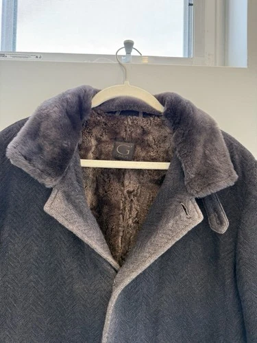 GIMO'S Men’s Brown Herringbone Wool Overcoat Faux Fur Lined Mid-Length M image 2