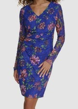 Siena Women's Blue Floral-Print Lace Long-Sleeve Bodycon Dress Size 2