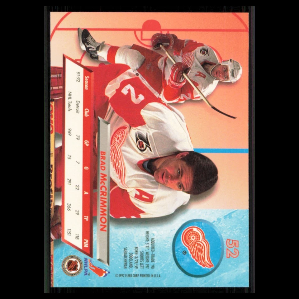 Brad McCrimmon #52 1992 Fleer Ultra Detroit Red Wings Hockey Card NHL NM - Image 2 of 3