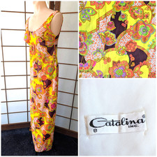 Vtg 70s Catalina Maxi Dress Psychedelic Mod Print Resort Wear XS Built-In Bra