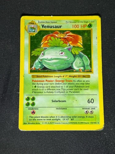 Venusaur 15/102 Holo Rare 1999 Pokemon Base SHADOWLESS Set WOTC Vintage Card HP