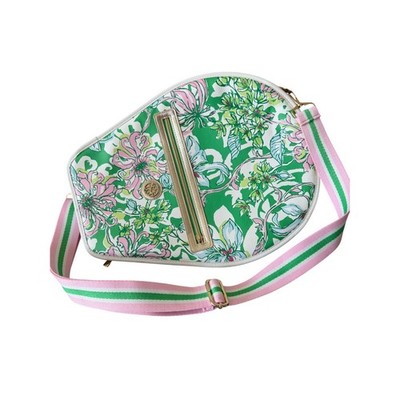 Lilly Pulitzer Tennis Racquet Cover Bag Green Pink Floral Gold Trim Adjustable
