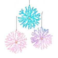 Kurt Adler Coastal 4.5" Coral Pink, Blue  Purple Snowflake Ornament Set of 3
