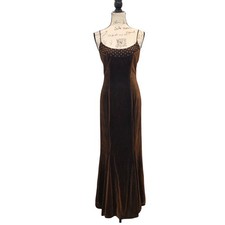 Vintage Mike Benet Gown Womens 6 Brown Bronze Metallic Rhinestone Mermaid Maxi