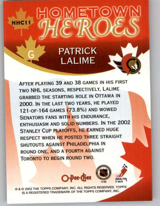 2002-03 O-Pee-Chee Hometown Heroes #HHC11 Patrick Lalime (ref 162158) - Image 2 of 2