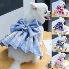 Small Pet Dog Plaid Bow Skirt Vest Dress Clothes Puppy Cat Harness w/ Leash Set