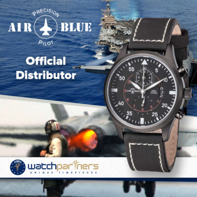 Air Blue DELTA CHRONO watch Black PVD 44mm case 10ATM Sapphire Crystal Blk dial