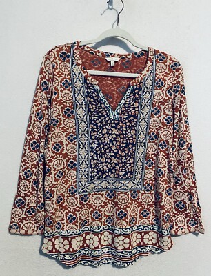 Lucky Brand Top Womens Large Red Block Peasant Boho Floral Textured Cotton Blend