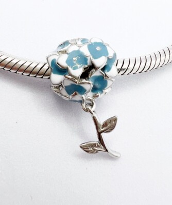 Hydrangea Flower Charm Bead Floral Genuine 925 Sterling Silver  