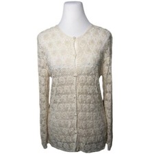 Vtg Hand Crochet Lace Cardigan M L Antique Off White Granny Core Sweater