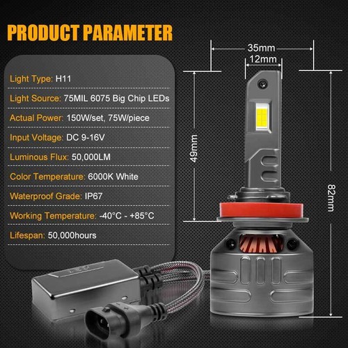 2X H11 LED Headlight Bulbs Conversion Kit 150W 50000LM Hi/Low Beam Super Bright - Picture 9 of 9