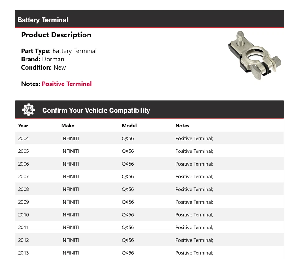 Terminal de batería Dorman Infiniti QX56 2004-2013 2005 2006 2007 2008 2009 Foto 2 de 4